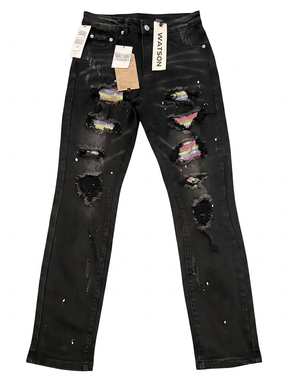 Watson Denim Black Distressed Multi Rip Rainbow Rhinestone Skinny Jeans